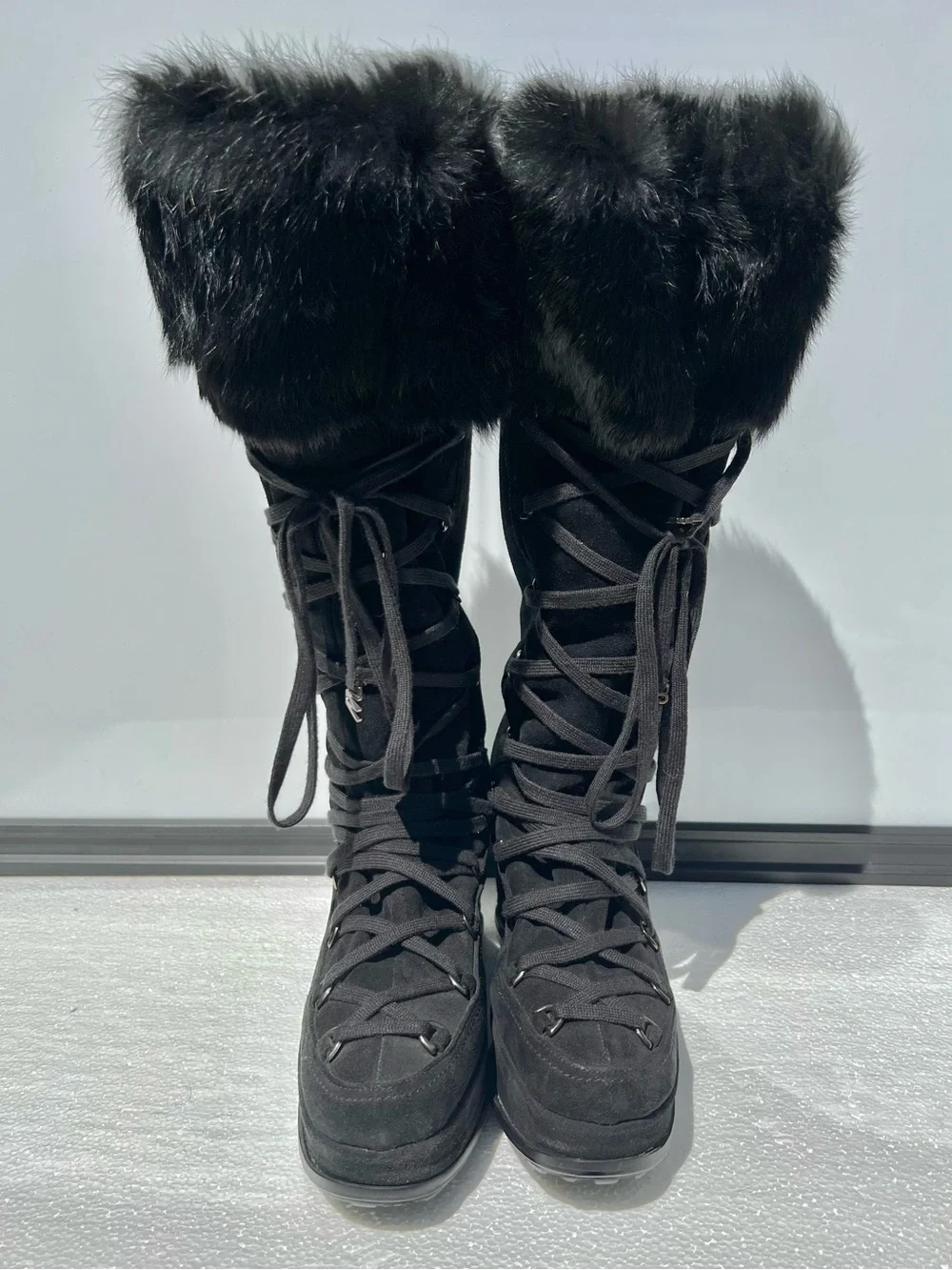 Stuart Weitzman Women's Black Suede Knee High Lace Up Fur Boots Platform 7.5